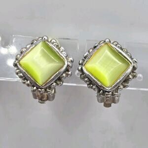 Earrings Avocado Green Lucite Thermoset Vintage Silver Tone Clip On SKU 3066